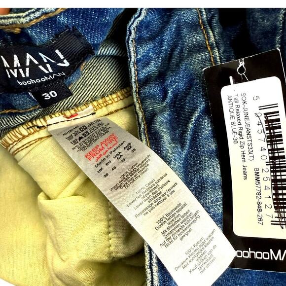 boohooMAN Relaxed Rigid Button Fly Rip Knee Blue Jeans Zip Hem Size 30X37 Tall - Picture 14 of 14